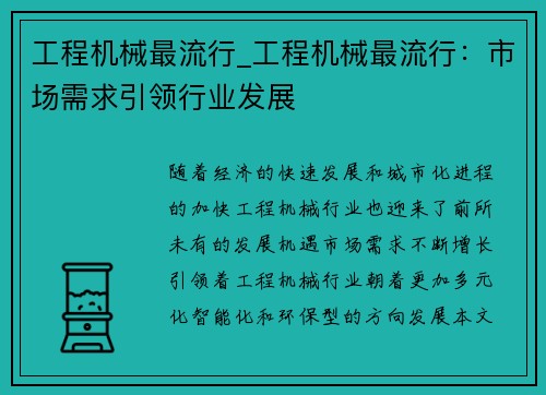 工程机械最流行_工程机械最流行：市场需求引领行业发展